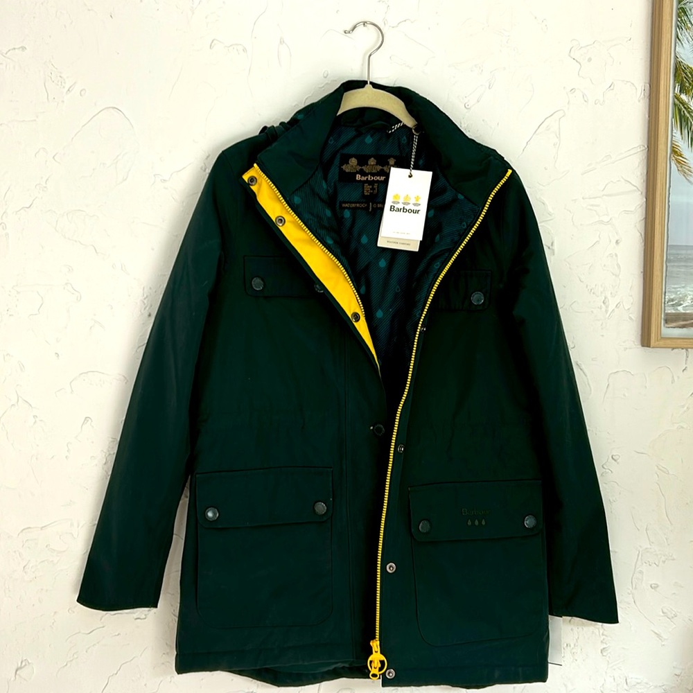 Barbour Women's Green Hooded Rain Jacket with Yellow Trim